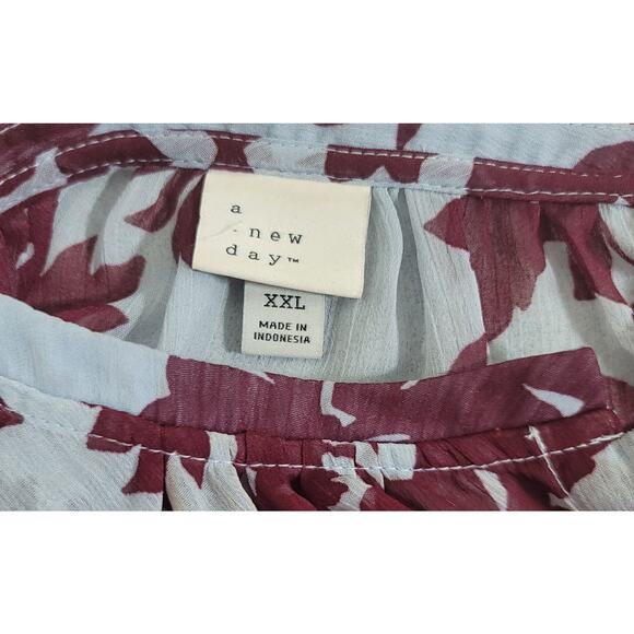 A New Day Blue Burgundy Sheer Floral Top XXL Band Collar Long Sleeves Soft - Picture 3 of 5